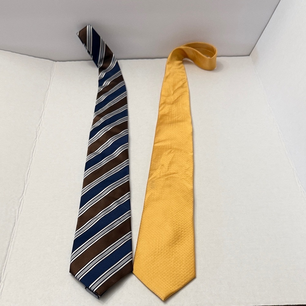 Men's Two-Pack Tie Set — Brown & Navy Striped Tie and Gold Solid Tie